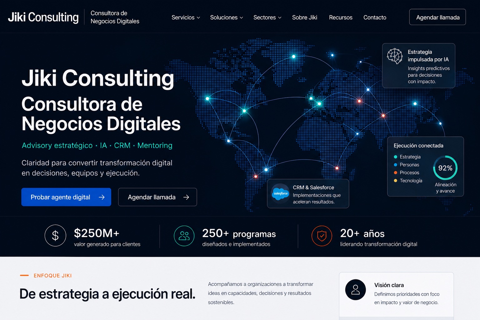 Jiki Consulting: home moderna con mapa global, IA, CRM, Salesforce y metricas de experiencia